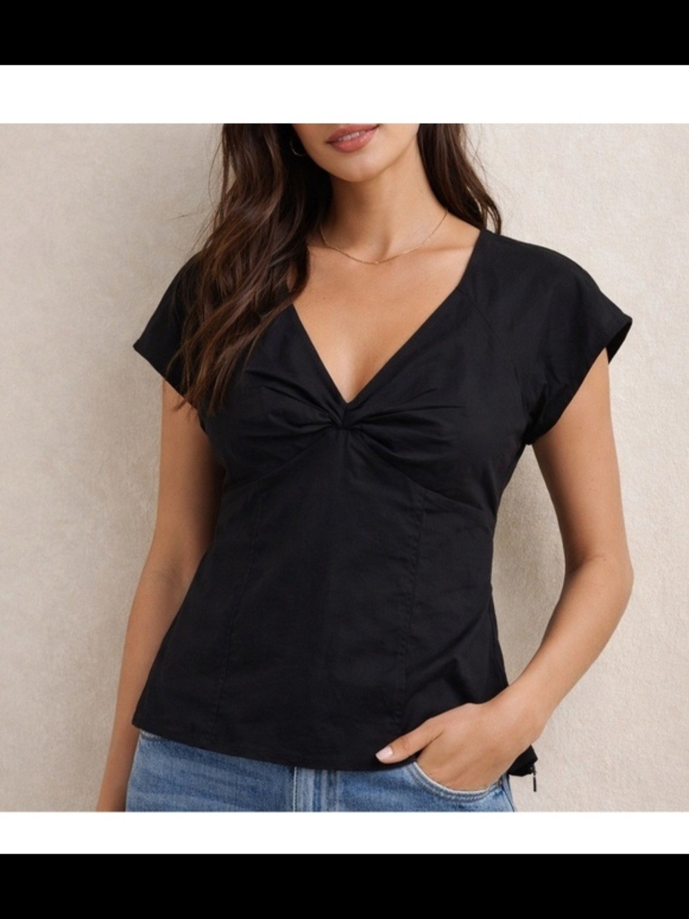 Madewell Black Twist-Front Seamed Top in Poplin